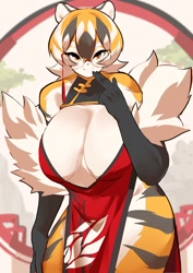 Size: 1448x2048 | Tagged: suggestive, artist:mx99926, oc, oc:mei xiang, big cat, feline, mammal, tiger, anthro, 2024, absolute cleavage, big breasts, breasts, cleavage, female, glasses, kimono (clothing), leaning forward, lidded eyes, looking at you, side slit, smiling, smiling at you, solo, solo female, tigress, total sideslit