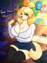 Size: 1662x2217 | Tagged: safe, artist:yumiiefox, isabelle (animal crossing), canine, dog, mammal, shih tzu, anthro, animal crossing, nintendo, 2024, bottomwear, breasts, cleavage, clothes, detailed background, ears, eyelashes, female, fur, hair, huge breasts, office, shirt, sitting, skirt, solo, solo female, tail, thighs, topwear, wide hips