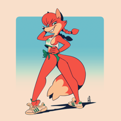 Size: 1920x1920 | Tagged: safe, artist:fox-popvli, oc, oc only, oc:patty (fox-popvli), canine, fox, mammal, red fox, anthro, plantigrade anthro, 2024, bikini, bikini bottom, breasts, butt, clothes, ears, eyelashes, female, footwear, fur, hair, looking at you, looking back, looking back at you, pose, rear view, shoes, sideboob, simple background, smiling, smiling at you, solo, solo female, sports bra, swimsuit, tail, thighs, topwear, vixen, wide hips