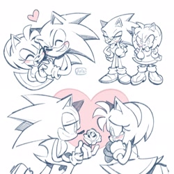 Size: 2048x2048 | Tagged: safe, artist:ari_vsart, amy rose (sonic), sonic the hedgehog (sonic), hedgehog, mammal, sega, sonic the hedgehog (series), 2023, bottomwear, clothes, dress, duo, duo male and female, eyelids, female, flower, footwear, gloves, heart, looking at each other, male, male/female, plant, rose, shipping, shoes, sonamy (sonic), tail, tongue, tongue out