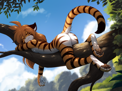 Size: 2500x1872 | Tagged: suggestive, artist:twokinds, flora (twokinds), big cat, feline, fictional species, keidran, mammal, tiger, anthro, digitigrade anthro, twokinds, 2024, 2d, breasts, brown hair, butt, closed mouth, complete nudity, countershading, cute, depth of field, digital art, ear fluff, ears, elbow fluff, eyes closed, female, fluff, fur, hair, happy, leg fluff, long hair, nudity, orange body, orange fur, outdoors, paw pads, paws, plant, pointy ears, sleeping, smiling, solo, solo female, striped fur, striped tail, stripes, tail, tail fluff, tree, underpaw, white body, white fur