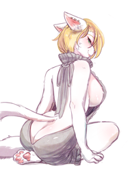 Size: 1871x2500 | Tagged: suggestive, artist:larkdraws, cat, feline, mammal, anthro, 2022, bedroom eyes, big breasts, blushing, breasts, butt, clothes, ear piercing, female, indoors, kneeling, looking at you, looking back, looking back at you, paw pads, paws, piercing, sideboob, simple background, smiling, smiling at you, solo, solo female, sweater, topwear, virgin killer sweater