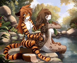 Size: 1576x1280 | Tagged: suggestive, artist:twokinds, flora (twokinds), kat (twokinds), oc, big cat, feline, fictional species, keidran, mammal, tiger, anthro, twokinds, 2024, amber eyes, breasts, brown body, brown fur, brown hair, digital art, duo, duo female, ears, english text, eyes closed, featureless breasts, female, females only, fur, hair, nudity, orange body, orange fur, outdoors, paws, sitting, spots, spotted fur, striped fur, text, towel, water, white body, white fur