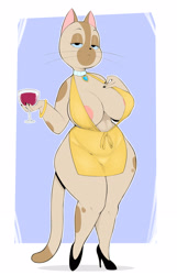 Size: 1968x3048 | Tagged: suggestive, artist:usnarbit, cat, feline, mammal, anthro, 2024, areola, areola slip, big breasts, black eyes, bracelet, braless, breasts, clothes, female, footwear, glass, high heels, holding, holding glass, holding object, jewelry, long tail, looking away, multicolored body, multicolored tail, necklace, no bra, shoes, simple background, solo, solo female, standing, tail, three-quarter view, whiskers, wine glass