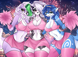 Size: 2239x1645 | Tagged: safe, artist:andromeda-james, krystal (star fox), loona (vivzmind), roxanne wolf (fnaf), canine, fictional species, fox, hellhound, mammal, wolf, anthro, five nights at freddy's, five nights at freddy's: security breach, hazbin hotel, helluva boss, nintendo, star fox, 2024, bedroom eyes, bottomwear, breasts, cheerleader, cheerleader outfit, cleavage, clothes, colored sclera, crop top, crossover, ears, eyelashes, female, females only, fireworks, fur, green hair, hair, hair over one eye, legwear, lidded eyes, midriff, mini skirt, pom pom, red sclera, skirt, stockings, tail, thighs, tongue, tongue out, topwear, tribal markings, trio, trio female, vixen, wide hips