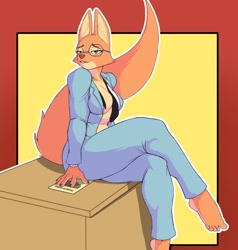 Size: 1406x1474 | Tagged: safe, artist:fer_drawsdaily, diane foxington (the bad guys), canine, fox, mammal, anthro, dreamworks animation, the bad guys, 2024, absolute cleavage, barefoot, bedroom eyes, big breasts, big butt, braless, breasts, business lady, business suit, butt, cleavage, feet, female, glasses, looking at you, seductive, seductive eyes, seductive look, seductive pose, sitting, smiling, smiling at you, solo, solo female, spread toes, table, thick thighs, thighs, toes, vixen, wide hips