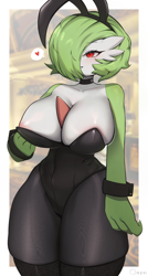 Size: 1900x3548 | Tagged: suggestive, artist:omeki_, fictional species, gardevoir, anthro, nintendo, pokémon, 2024, areola, areola slip, blushing, breasts, bunny ears, bunny suit, cleavage, clothes, digital art, ears, eyelashes, female, fur, hair, hair over one eye, huge breasts, legwear, leotard, looking at you, simple background, solo, solo female, stockings, thick thighs, thighs, unamused, wide hips