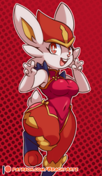 Size: 555x950 | Tagged: safe, artist:brachyzoid, cinderace, fictional species, anthro, digitigrade anthro, nintendo, pokémon, 2023, chinese dress, chinese new year, digital art, ears, eyelashes, female, fur, hair, open mouth, pose, simple background, solo, solo female, starter pokémon, tail, thighs, tongue, wide hips, year of the rabbit