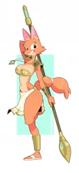 Size: 893x1958 | Tagged: safe, artist:doodledox, diane foxington (the bad guys), krystal (star fox), canine, fox, mammal, anthro, dreamworks animation, nintendo, star fox, the bad guys, 2023, belly button, belly button piercing, big breasts, big butt, bracer, breasts, butt, choker, cleavage, clothes, commission, cosplay, eyebrow piercing, feet, female, jewelry, loincloth, looking at you, midriff, necklace, piercing, raised leg, sandals, shoes, shoulder pads, smiling, smiling at you, solo, solo female, staff, thick thighs, thighs, toes, tribal outfit, tube top, wide hips