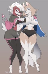 Size: 2130x3291 | Tagged: safe, artist:yuio, fictional species, lycanroc, mammal, midday lycanroc, midnight lycanroc, anthro, digitigrade anthro, nintendo, pokémon, 2021, belly button, big breasts, bottomwear, breasts, claws, cleavage, clothes, colored sclera, crop top, digital art, duo, duo female, ears, eyelashes, female, females only, fur, gray background, hair, legwear, looking at you, pink sclera, shorts, simple background, sports bra, sports shorts, stockings, tail, thighs, topwear, wide hips