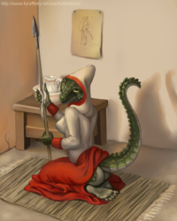 Size: 800x1000 | Tagged: suggestive, artist:tuftedears, lifts-her-tail (the elder scrolls), argonian, fictional species, reptile, anthro, the elder scrolls, 2012, barefoot, big breasts, big butt, breasts, butt, claws, cleaning, clothes, feet, female, hood, hoodie, kneeling, looking at you, looking back, looking back at you, open mouth, open smile, red skirt, smiling, smiling at you, soles, solo, solo female, spear, the lusty argonian maid, thick thighs, thighs, toe claws, toes, topwear, weapon, wide hips