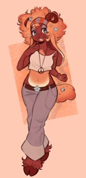 Size: 1500x3100 | Tagged: safe, artist:cabysoft, bovid, goat, mammal, anthro, 2024, clothes, cloven hooves, crop top, female, hair, hooves, horns, jeans, pants, solo, solo female, tail, tank top, topwear