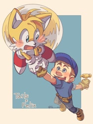 Size: 1536x2048 | Tagged: safe, artist:te____zz, miles "tails" prower (sonic), canine, fox, human, mammal, disney, sega, sonic the hedgehog (series), wreck-it ralph (series), duo, duo male, fix-it felix jr. (wreck-it ralph), male, males only