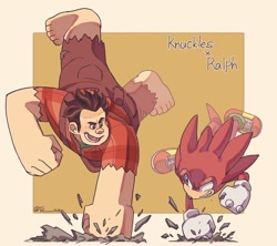 Size: 2048x1820 | Tagged: safe, artist:te____zz, knuckles the echidna (sonic), wreck-it ralph (wreck-it ralph), echidna, human, mammal, monotreme, disney, sega, sonic the hedgehog (series), wreck-it ralph (series), crossover, duo, duo male, male, males only
