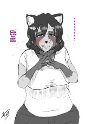 Size: 1450x2048 | Tagged: safe, artist:naranahiromi, edit, oc, oc only, oc:minami, canine, mammal, raccoon dog, anthro, ..., blushing, clothes, english text, female, licking, licking lips, signature, smiling, solo, solo female, text, tongue, tongue out, translation