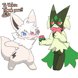 Size: 960x960 | Tagged: safe, artist:tontaro, oc, eevee, eeveelution, fictional species, mammal, meowscarada, anthro, digitigrade anthro, feral, semi-anthro, nintendo, pokémon, spoiler:pokémon gen 9, spoiler:pokémon scarlet and violet, 2023, 2d, 2d animation, ambiguous gender, ambiguous only, animated, cheek fluff, commission, digital art, duo, duo ambiguous, ears, english text, fluff, fur, gif, hair, heterochromia, looking at each other, magic, mask, neck fluff, open mouth, signature, starter pokémon, tail, text, thighs, tongue