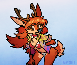 Size: 680x580 | Tagged: safe, artist:bagelcollie, cervid, deer, mammal, anthro, 2024, antlers, bikini, clothes, female, open clothes, open shirt, shirt, solo, solo female, swimsuit, tail, topwear, wide hips