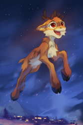 Size: 800x1200 | Tagged: safe, artist:reysi, cervid, deer, mammal, reindeer, feral, 2023, 2d, flying, male, night, night sky, niko (the flight before christmas), open mouth, open smile, signature, sky, smiling, snow, solo, solo male, stars, the flight before christmas, ungulate