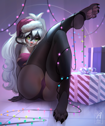 Size: 1754x2100 | Tagged: suggestive, alternate version, artist:art-abaddon, oc, oc only, lagomorph, mammal, rabbit, anthro, digitigrade anthro, 2024, black nose, bra, breasts, butt, cameltoe, christmas, clothes, commission, detailed background, digital art, ears, eyelashes, female, fur, hair, hat, headwear, holiday, legwear, looking at you, panties, pose, santa hat, solo, solo female, stockings, tail, thighs, underass, underwear, wide hips, ych result