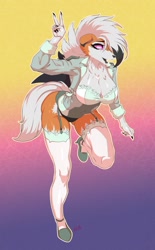 Size: 960x1547 | Tagged: safe, artist:mazinga669, oc, oc only, dusk lycanroc, fictional species, lycanroc, mammal, anthro, nintendo, pokémon, 2024, bent over, black nose, bra, breasts, clothes, commission, digital art, ears, eyelashes, female, fur, hair, legwear, panties, pose, shirt, shoes, solo, solo female, stockings, tail, thighs, topwear, underwear, wide hips, ych result