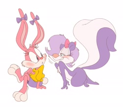 Size: 2048x1776 | Tagged: safe, artist:kyra kupetsky, babs bunny (tiny toon adventures), fifi la fume (tiny toon adventures), lagomorph, mammal, rabbit, skunk, tiny toon adventures, warner brothers, babsxfifi (tiny toon adventures), blushing, colored pupils, duo, duo female, eyelashes, feet, female, female/female, females only, fluff, fur, lgbt, lgbtq, looking at each other, pink body, pink fur, pointing at self, purple body, purple fur, purple skirt, seductive eyes, seductive look, shipping, simple background, smiling, tail, tail fluff, white background, white body, white fur, yellow shirt