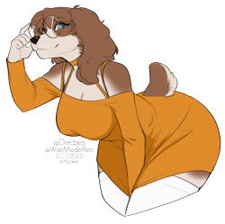 Size: 1280x1275 | Tagged: safe, artist:kittydee, oc, oc only, canine, dog, mammal, anthro, 2022, bent over, black nose, bottomwear, breasts, clothes, commission, digital art, dress, ears, eyelashes, female, fur, glasses, hair, looking at you, pose, round glasses, simple background, solo, solo female, tail, thighs, transparent background, wide hips