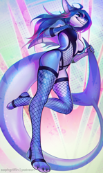 Size: 1200x2014 | Tagged: safe, artist:saphirahh, oc, oc only, fish, shark, anthro, digitigrade anthro, 2023, abstract background, belly button, bikini, breasts, clothes, commission, detailed background, digital art, ears, eyelashes, female, fins, fish tail, fishnet, fishnet stockings, hair, legwear, pose, scales, see-through, shark tail, sharp teeth, solo, solo female, stockings, swimsuit, tail, teeth, thighs, wide hips