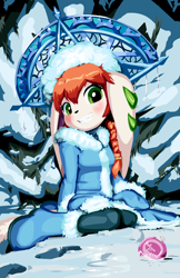 Size: 1402x2160 | Tagged: safe, artist:goshaag, milla basset (freedom planet), canine, dog, mammal, anthro, freedom planet, boots, bottomwear, christmas, christmas ball, clothes, digital art, ears, female, green eyes, hair, holiday, jacket, looking at you, pants, red hair, russian text, shoes, snegurochka, snow, solo, solo female, text, topwear