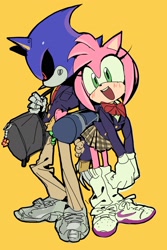 Size: 1364x2048 | Tagged: safe, artist:mojunpwo, amy rose (sonic), metal sonic (sonic), fictional species, hedgehog, mammal, robot, sega, sonic the hedgehog (series), 2024, bag, clothes, container, duo, female, looking at you, male, male/female, metamy (sonic), school uniform, schoolgirl, schoolgirl uniform, shipping, shoes