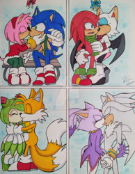 Size: 828x1068 | Tagged: safe, artist:ladynin-chan, amy rose (sonic), blaze the cat (sonic), cosmo (sonic), knuckles the echidna (sonic), miles "tails" prower (sonic), rouge the bat (sonic), silver the hedgehog (sonic), sonic the hedgehog (sonic), bat, canine, cat, echidna, feline, fictional species, fox, hedgehog, mammal, monotreme, seedrian (sonic), anthro, humanoid, plantigrade anthro, sega, sonic the hedgehog (series), sonic x, 2024, bat wings, female, kissing, knuxouge (sonic), male, male/female, plant, shipping, silvaze (sonic), sonamy (sonic), tailsmo (sonic), webbed wings, wings
