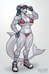 Size: 1648x2480 | Tagged: suggestive, artist:rawslaw5, fish, shark, anthro, 2024, abs, big breasts, bikini, breasts, clothes, female, fins, fish tail, muscles, muscular female, nipple outline, shark tail, shoes, solo, solo female, swimsuit, tail, tail fin, thunder thighs, wide hips