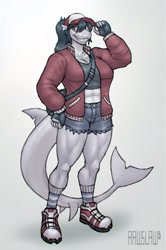 Size: 1648x2480 | Tagged: safe, artist:rawslaw5, fish, shark, anthro, 2024, big breasts, breasts, clothes, female, fins, fish tail, jacket, jean shorts, muscles, muscular female, shark tail, shirt, shoes, solo, solo female, tail, tail fin, thunder thighs, topwear, wide hips