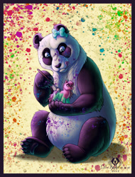 Size: 570x750 | Tagged: safe, artist:dolphiana, bear, equine, mammal, panda, pony, feral, 2d, arm fluff, black paw pads, bow, chest fluff, ear fluff, female, fluff, front view, fur, hair bow, holding, holding object, holding toy, leg fluff, multicolored body, multicolored fur, paint, paintbrush, painting, paw pads, paws, pink tongue, signature, sitting, solo, solo female, three-quarter view, tongue, toy, two toned body, two toned fur