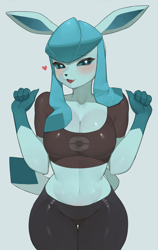 Size: 1968x3120 | Tagged: safe, artist:yawar, eeveelution, fictional species, glaceon, mammal, anthro, nintendo, pokémon, 2023, belly button, big breasts, blue body, blue fur, blue hair, blue sclera, blushing, bottomwear, breasts, cleavage, clothes, colored sclera, crop top, cropped shirt, digital art, ears, eyelashes, female, fur, hair, looking at you, open mouth, pants, simple background, solo, solo female, tail, thighs, tongue, topwear, wide hips