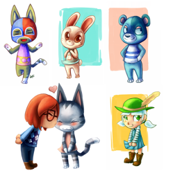 Size: 746x748 | Tagged: safe, artist:spacesmilodon, lolly (animal crossing), villager (animal crossing), bear, cat, feline, human, lagomorph, mammal, rabbit, semi-anthro, animal crossing, nintendo, 2d, blushing, boots, bottomwear, clothes, dress, eyes closed, female, glasses, group, hat, headwear, heart, kissing, kody (animal crossing), male, open mouth, pants, paw pads, paws, ruby (animal crossing), shoes, signature, smiling, standing, stinky (animal crossing), sweater, tank top, topwear