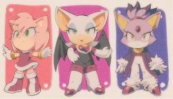 Size: 850x488 | Tagged: safe, artist:fumomo, amy rose (sonic), blaze the cat (sonic), rouge the bat (sonic), bat, cat, feline, hedgehog, mammal, sega, sonic the hedgehog (series), 2013, bat wings, blue eyes, boots, bottomwear, chibi, clothes, dress, eyebrows, female, females only, fur, gloves, gold bracelet, green eyes, group, high heels, jacket, looking at you, looking to the side, pants, pink body, pink fur, purple body, purple fur, shoes, smiling, tail, topwear, trio, trio female, webbed wings, white body, white fur, wings, yellow eyes