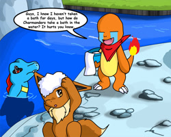 Size: 960x768 | Tagged: safe, artist:coshi_dragonite, charmander, eevee, eeveelution, fictional species, mammal, totodile, nintendo, pokémon, pokémon mystery dungeon, 2006, ambiguous gender, bubbles, crying, grass, group, inconvenient tail, outdoors, pokémon mystery dungeon: rescue team, river, rocky, speech bubble, starter pokémon, text, uncomfortable, washing, water