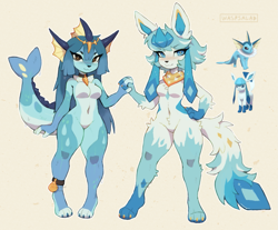 Size: 1949x1616 | Tagged: safe, artist:waspsalad, eeveelution, fictional species, glaceon, mammal, vaporeon, anthro, digitigrade anthro, nintendo, pokémon, 2024, adoptable, anthrofied, bandanna, belly button, blue body, blue eyes, blue fur, blue hair, blue hands, blue inner ear, breasts, brown eyes, chest fluff, claws, closed mouth, clothes, collar, colored pupils, complete nudity, countershade torso, countershading, couple, cream background, cute, duo, duo female, eyebrow through hair, eyebrows, eyelash, eyelashes, featureless breasts, featureless crotch, female, females only, fluff, fur, generation 1 pokemon, generation 4 pokemon, hair, hand on hip, holding, holding hands, long hair, looking at you, messy hair, multicolored fur, nudity, reference image, reference inset, reference used, shipping, short hair, smiling, standing, straight hair, tail, tail fin, tail fluff, thick thighs, thighs, two toned body, two toned fur, wall of tags, watermark, wavy mouth, white body, white fur, white pupils, wide hips