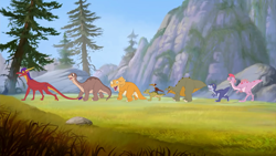 Size: 1364x768 | Tagged: safe, artist:draigar comado, cera (the land before time), chomper (the land before time), ducky (the land before time), littlefoot (the land before time), petrie (the land before time), ruby (the land before time), spike (the land before time), oc, oc:draigar (draigar comado), apatosaurus, ceratops, dinosaur, dragon, duck-billed dinosaur, fictional species, pteranodon, pterosaur, raptor, reptile, saurolophus, sauropod, stegosaurus, theropod, triceratops, tyrannosaurus rex, western dragon, feral, sullivan bluth studios, the land before time, 2019, 2d, female, grass, group, male, open mouth, open smile, oviraptor, plant, rock, smiling, tree, walking, young