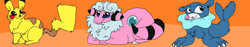 Size: 3736x704 | Tagged: safe, artist:imani, bovid, caprine, fictional species, flaaffy, mammal, mouse, pikachu, popplio, rodent, sheep, feral, nintendo, pokémon, :3, ambiguous gender, ambiguous only, fluff, group, lying down, prone, smiling, starter pokémon, tail, trio, trio ambiguous