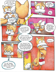 Size: 1024x1335 | Tagged: safe, artist:conisoni, miles "tails" prower (sonic), canine, fictional species, fox, mammal, red fox, robot, anthro, comic:tails swap, sega, sonic the hedgehog (series), 2021, blue eyes, clone, clothes, comic, commission, duo, duo male, english text, evil grin, grin, male, males only, multiple tails, self paradox, shoes, speech bubble, tail, text, two tails