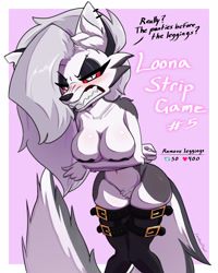 Size: 2000x2500 | Tagged: suggestive, artist:carbonfloof, loona (vivzmind), canine, fictional species, hellhound, mammal, anthro, hazbin hotel, helluva boss, 2023, angry, armpits, arms behind head, black nose, breasts, clothes, colored sclera, covering breasts, dialogue, digital art, ears, embarrassed, embarrassed nude exposure, eyelashes, featureless crotch, female, fluff, front view, fur, gray body, gray fur, gritted teeth, hair, legwear, looking at you, multicolored fur, nipple tape, nudity, pubic fluff, red sclera, sharp teeth, solo, solo female, stockings, strip game, tail, talking, talking to viewer, teeth, text, thighs, two toned body, two toned fur, unamused, white body, white fur, white hair, wide hips