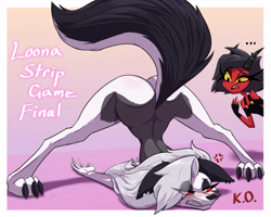 Size: 3000x2400 | Tagged: suggestive, artist:carbonfloof, loona (vivzmind), millie (vivzmind), canine, demon, fictional species, hellhound, imp, mammal, anthro, digitigrade anthro, humanoid, hazbin hotel, helluva boss, 2023, angry, black nose, border, breast squish, breasts, butt, clothed female nude female, clothes, colored sclera, dialogue, digital art, duo, duo female, ears, eyelashes, face down ass up, female, females only, front view, fur, gray body, gray fur, gritted teeth, hair, horns, jack-o' crouch pose, looking at you, meme, multicolored fur, nudity, reacting to nudity, red sclera, sharp teeth, solo focus, strip game, tail, talking, talking to viewer, teeth, text, thighs, two toned body, two toned fur, unamused, white body, white border, white fur, white hair, wide hips