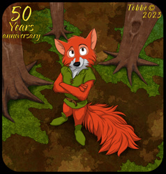Size: 1275x1340 | Tagged: safe, artist:fuzzyspectre, robin hood (robin hood), canine, fox, mammal, red fox, anthro, disney, robin hood (disney), 2023, 2d, anniversary, belt, boots, brown eyes, clothes, crossed arms, forest, fur, male, orange body, orange fur, plant, shoes, solo, solo male, standing, tree, tunic