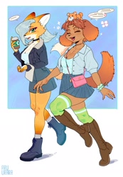 Size: 1417x2048 | Tagged: safe, artist:aruurara, canine, dog, fox, mammal, anthro, 2024, boots, bottomwear, clothes, duo, duo female, female, females only, high heel boots, high heels, shirt, shoes, skirt, socks, tail, topwear