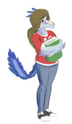 Size: 352x602 | Tagged: safe, artist:protonmono, dinosaur, feathered dinosaur, raptor, theropod, anthro, 2022, 2d, blue body, book, bottomwear, brown hair, clothes, feathers, female, front view, hair, holding, holding book, holding object, i wani hug that gator, jenine (i wani hug that gator), pants, red eyes, shirt, shoes, simple background, smiling, solo, solo female, standing, three-quarter view, topwear, white background