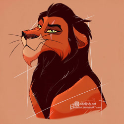 Size: 894x894 | Tagged: safe, artist:adelish, scar (the lion king), big cat, feline, lion, mammal, feral, deviantart, disney, instagram, the lion king, 2019, 2d, beard, black hair, black mane, brown nose, bust, cartoon, cartoonish, colored sclera, ear fluff, ears, ears down, eye scar, eyes, facial hair, fluff, front view, fur, green eyes, hair, looking at you, male, mane, mouth, nose, orange background, orange body, orange fur, scar, signature, simple background, smiling, solo, solo male, three-quarter view, watermark, whiskers, yellow sclera