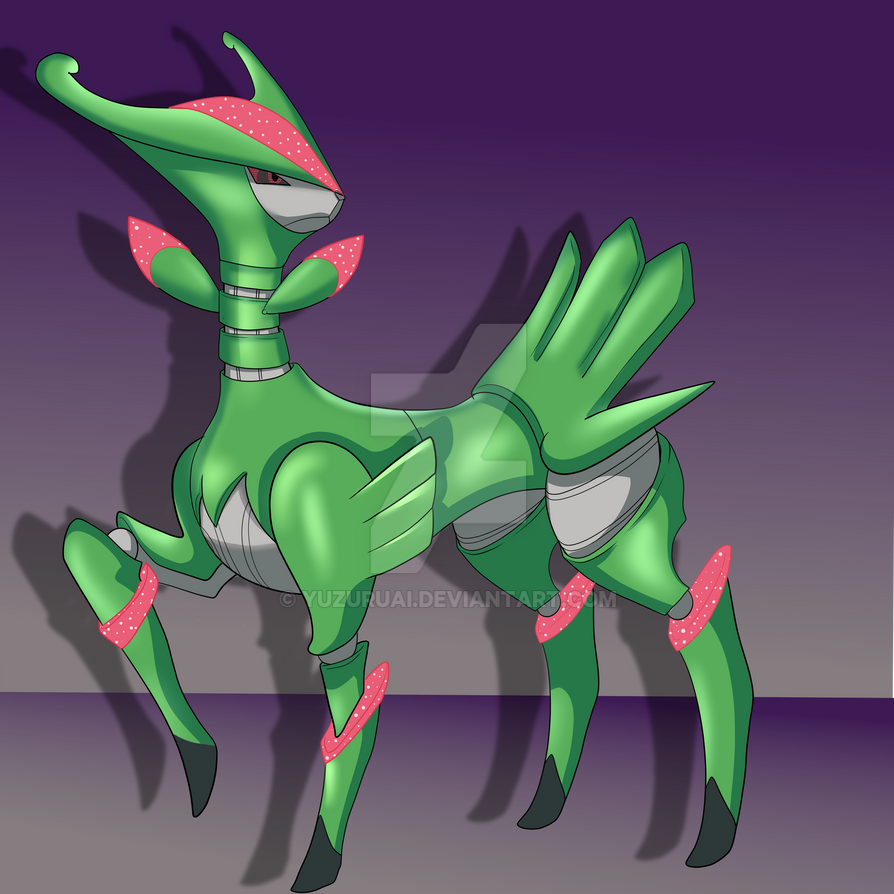 Generless Red Pokemon #395696 - safe, artist:yuzuruai, fictional species, iron leaves, robot ...