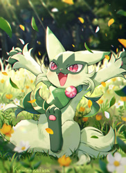 Size: 1236x1700 | Tagged: safe, artist:kaminokefusa, fictional species, floragato, anthro, semi-anthro, nintendo, pokémon, spoiler:pokémon gen 9, spoiler:pokémon scarlet and violet, 2023, ambiguous gender, cheek fluff, detailed background, digital art, ears, fluff, fur, grass, open mouth, sitting, solo, solo ambiguous, starter pokémon, tail, thighs, tongue