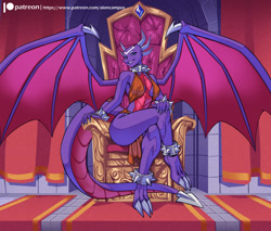 Size: 1800x1531 | Tagged: safe, artist:alanscampos, cynder the dragon (spyro), dragon, fictional species, western dragon, anthro, digitigrade anthro, spyro the dragon (series), the legend of spyro, 2024, belly button, bikini, bikini top, breasts, claws, clothes, detailed background, digital art, dragon wings, dragoness, ears, eyelashes, female, horns, indoors, loincloth, looking at you, purple body, scales, sitting, smiling, smiling at you, solo, solo female, spread wings, swimsuit, tail, thighs, throne, wide hips, wings